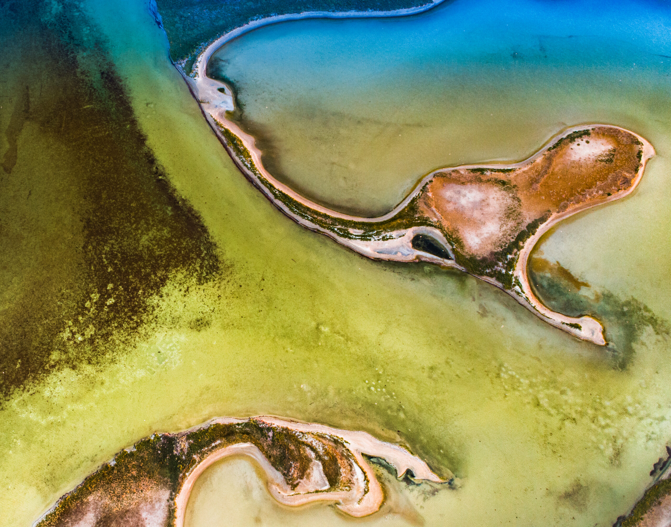 Unusual Islands on Lake Sivash, top view, drone camera